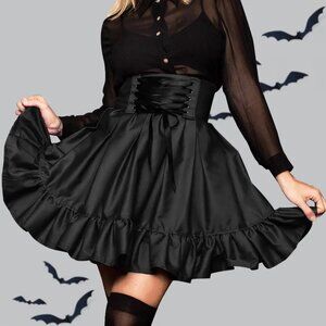 💖Vrolok Black Gothic Lolita Corset Lace-Up High Waisted Ruffle Skirt Goth Punk